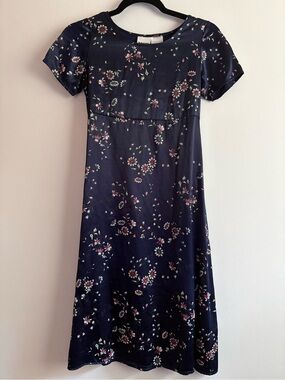 Vintage 90s new Moves Floral Satin Midi Dress Empire Waist Navy Blue Romantic